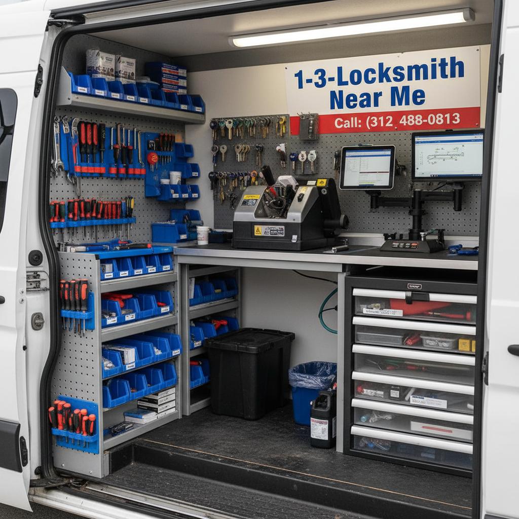 1-2-3-Locksmith Near Me - Professional mobile locksmith van interior with equipment for emergency automotive service in Chicago (312) 488-0813