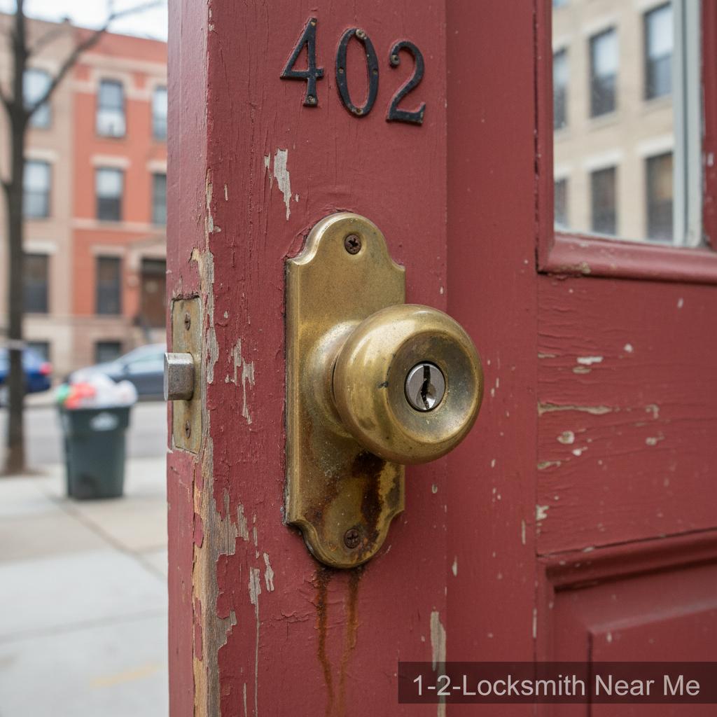 1-2-3-Locksmith Near Me - Old residential door lock before professional locksmith service in Chicago (312) 488-0813